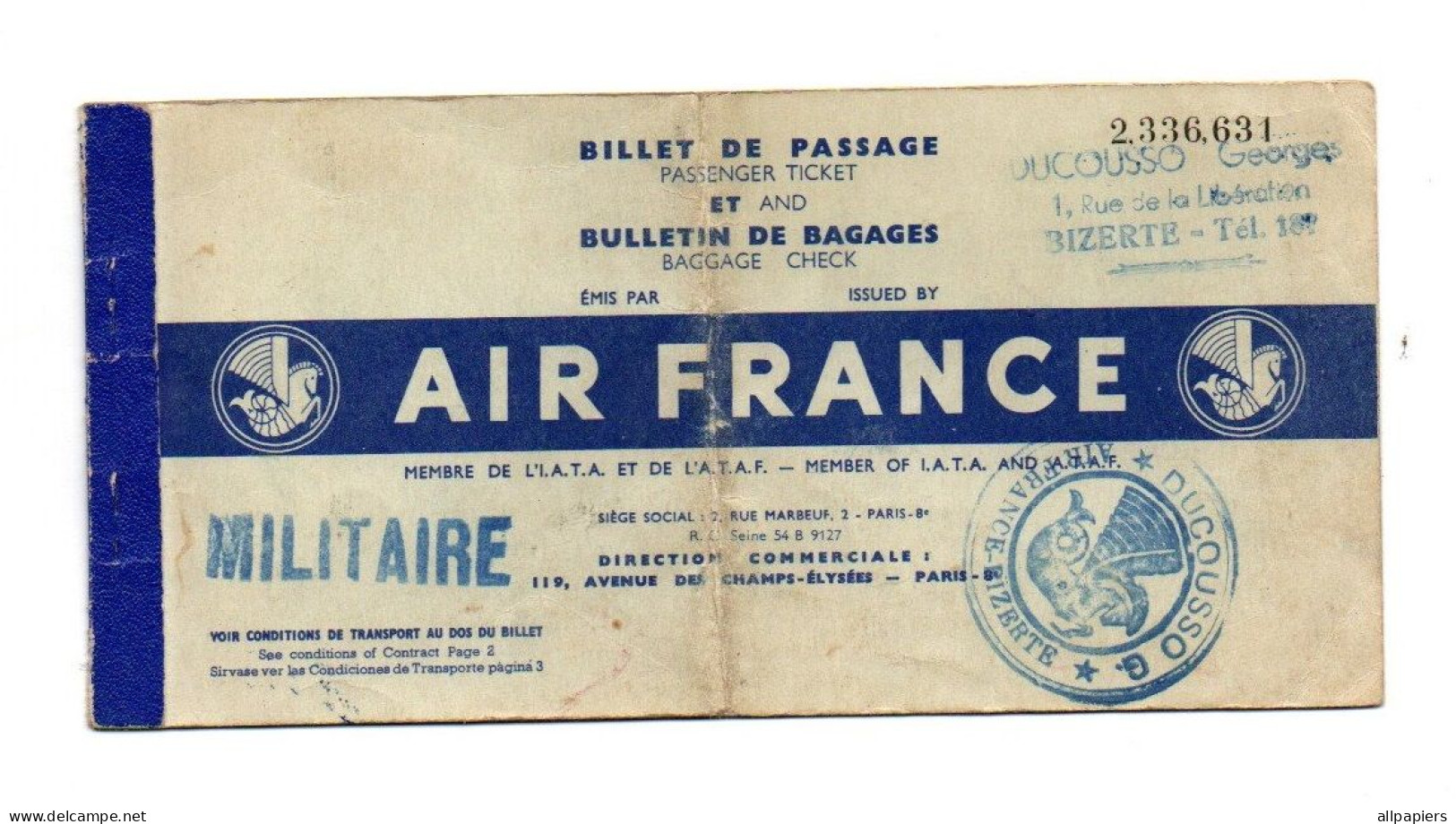 Billet De Passage et Bulletin De Bagages Air France Militaire De 1956 - World