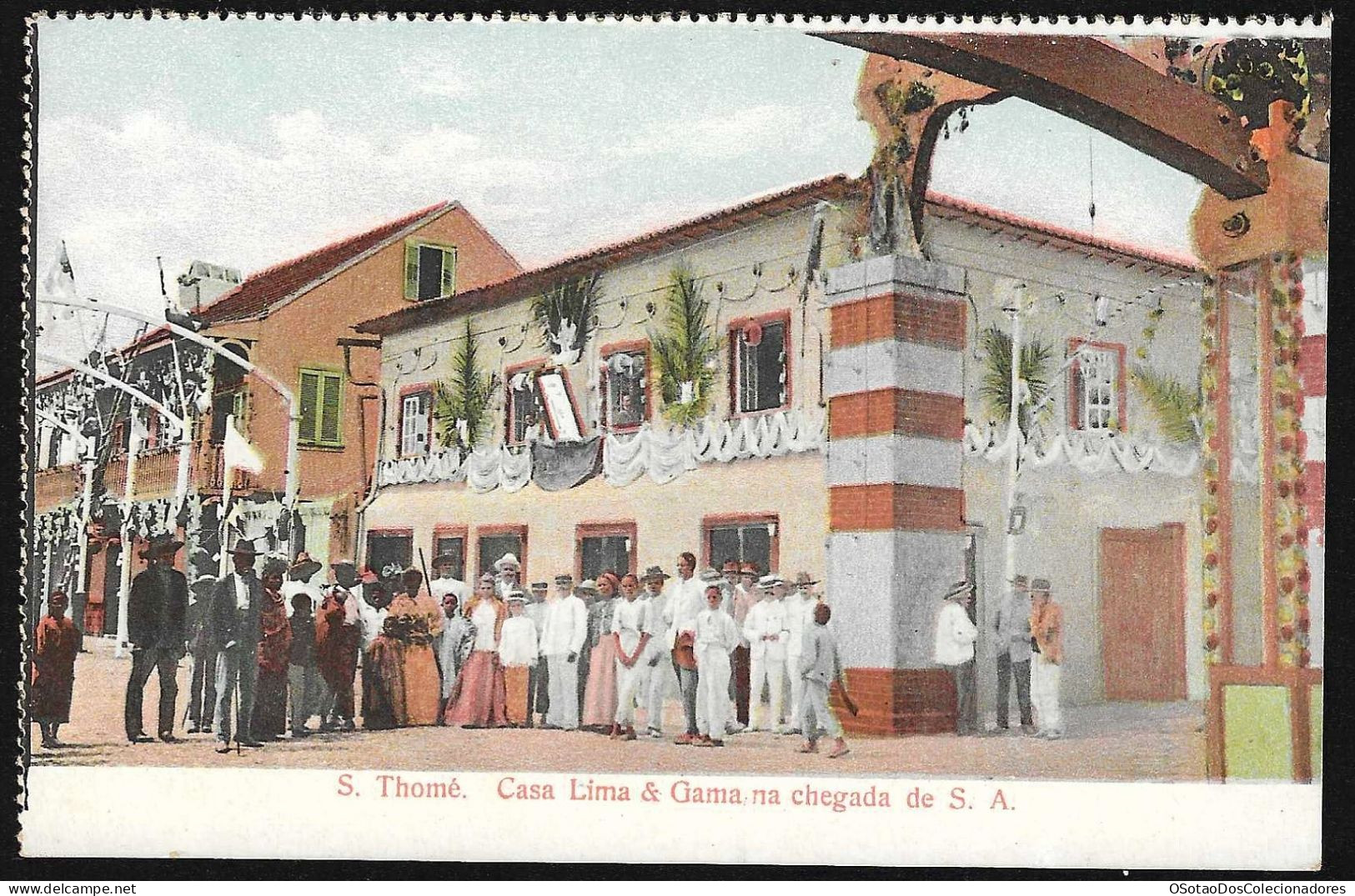 Postal S. Tomé E Principe - S. Thomé - Casa Lima & Gama Na Chegada De Sua Alteza - CPA Anime Etnic - Sao Tome En Principe