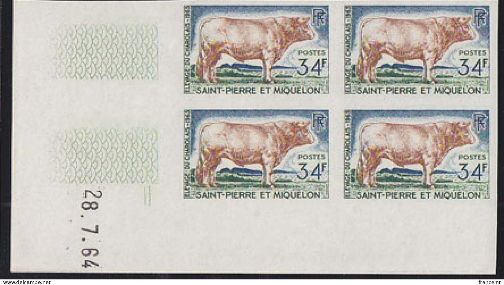 ST. PIERRE & MIQUELON(1964) Charolais Bull. Imperforate Corner Block Of 4. Scott No 373, Yvert No 375. - Sin Dentar, Pruebas De Impresión Y Variedades