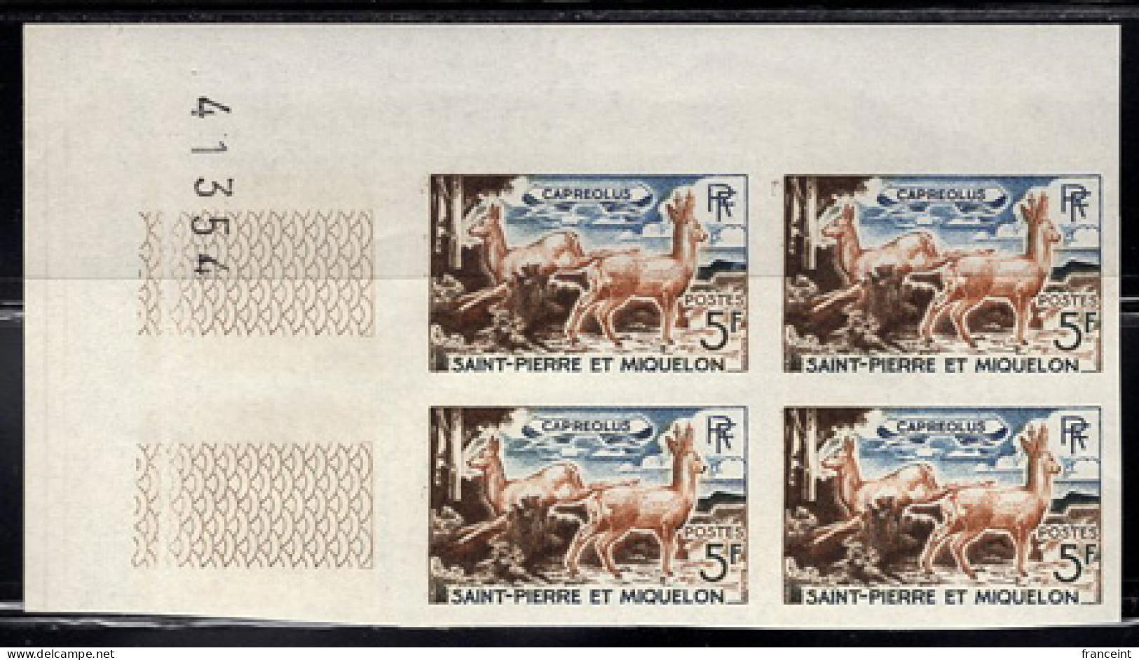 ST. PIERRE & MIQUELON(1964) Roe Deer. Imperforate Corner Block Of 4. Scott No 372, Yvert No 374. - Sin Dentar, Pruebas De Impresión Y Variedades