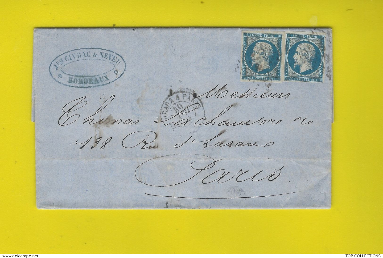 1859  De Bordeaux  Pour Thomas La Chambre Paris  (Lima Et Valparaiso)   NEGOCE COMMERCE CHIMIE ACIDE V.HISTORIQUE - 1800 – 1899