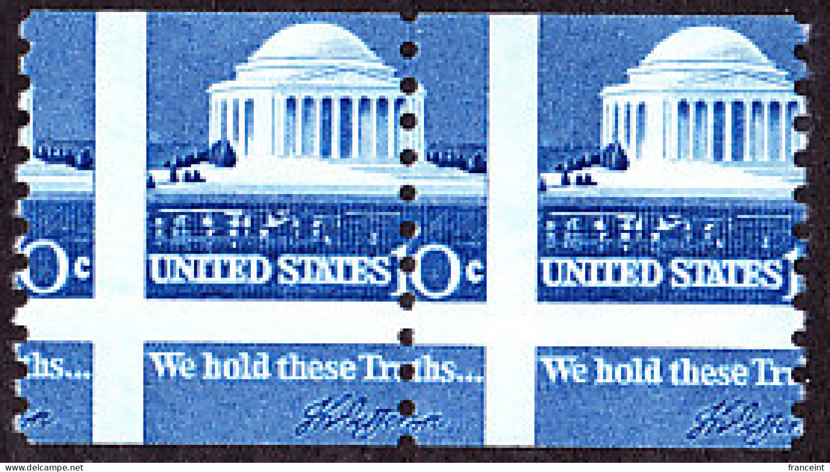 U.S.A.(1973) Jefferson Memorial And Signature. Scott No 1520. Yvert No 1008a. Perforation Shift And Miscut In Coil Pair - Variétés, Erreurs & Curiosités