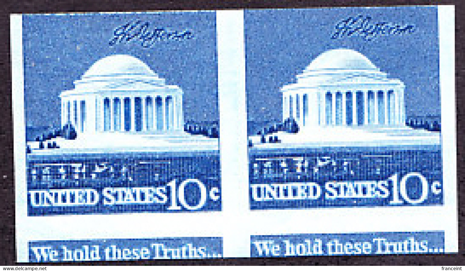 U.S.A.(1973) Jefferson Memorial And Signature. Scott No 1520. Yvert No 1008a. Superb Error: Miscut And Imperforate Pair - Variétés, Erreurs & Curiosités