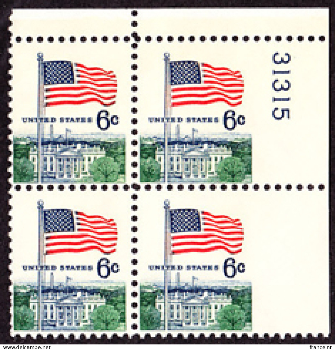 U.S.A.(1968) American Flag. White House. Scott No 1338. Yvert No 842. Nice Perforation Error In Plate Block Of 4 - Plaatfouten En Curiosa