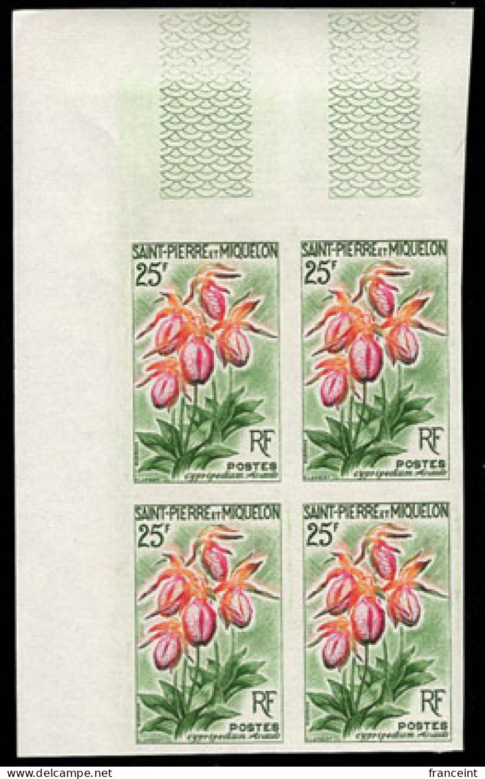 ST. PIERRE & MIQUELON(1962) Pink Lady's Slipper Orchid. Imperforate Corner Block Of 4 Cypripedium Acaule. Yvert 362 - Sin Dentar, Pruebas De Impresión Y Variedades