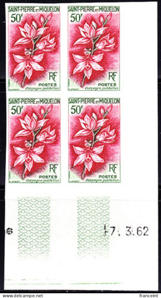 ST. PIERRE & MIQUELON(1962) Calopogon Pulchellus. Imperforate Corner Block Of 4. Scott No 361, Yvert No 363.  - Sin Dentar, Pruebas De Impresión Y Variedades