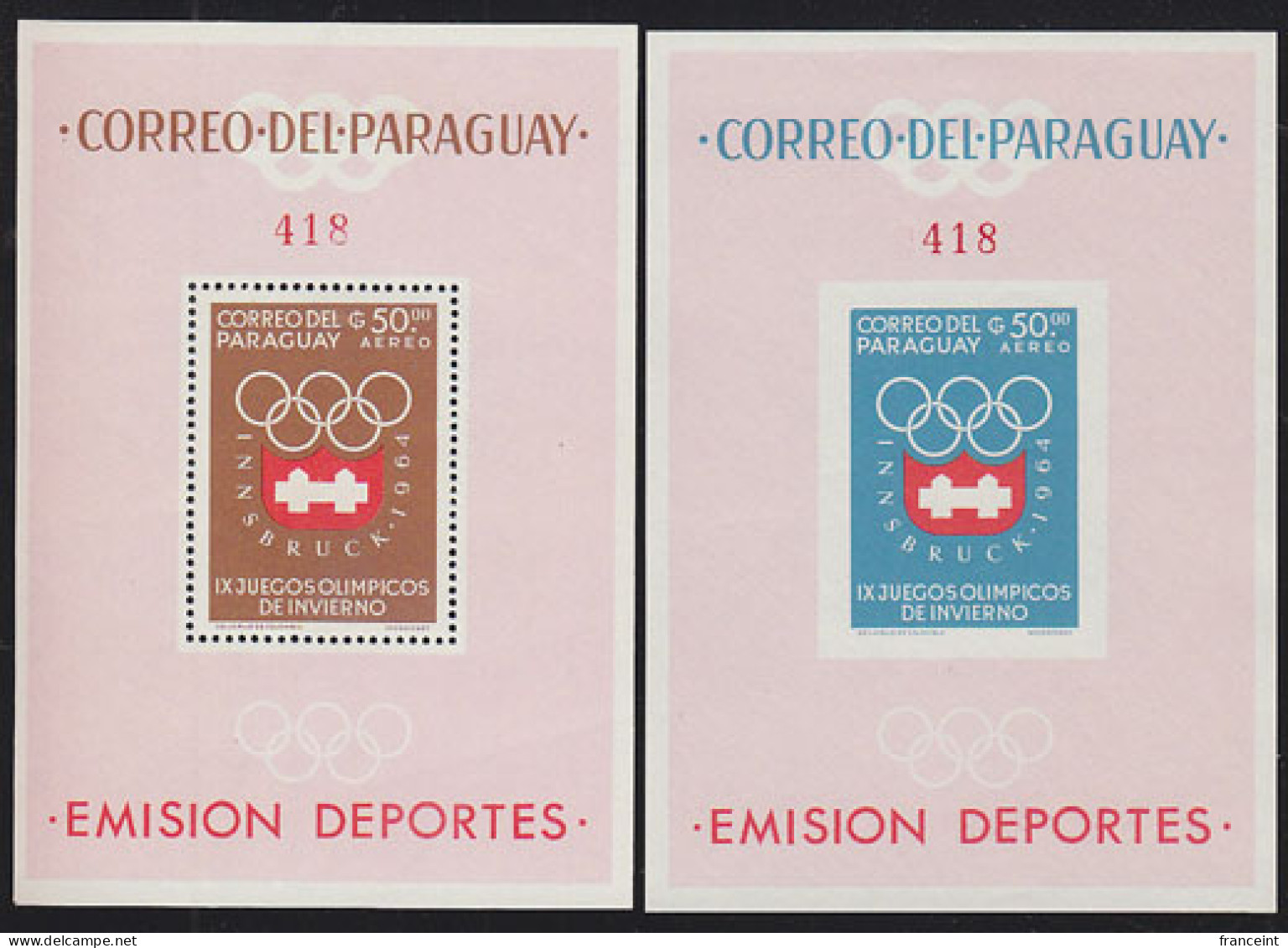 PARAGUAY(1964) Innsbruck Olympics. Set Of 2 S/S, Perf + Imperf. Scott No 790a. - Inverno1964: Innsbruck