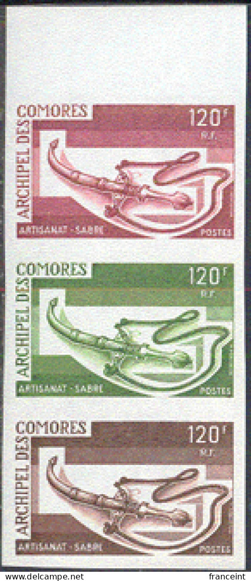 COMOROS(1975) Sabre. Trial Color Proof Strip Of 3 Different Colors. Scott No 125, Yvert No 99. - Otros & Sin Clasificación
