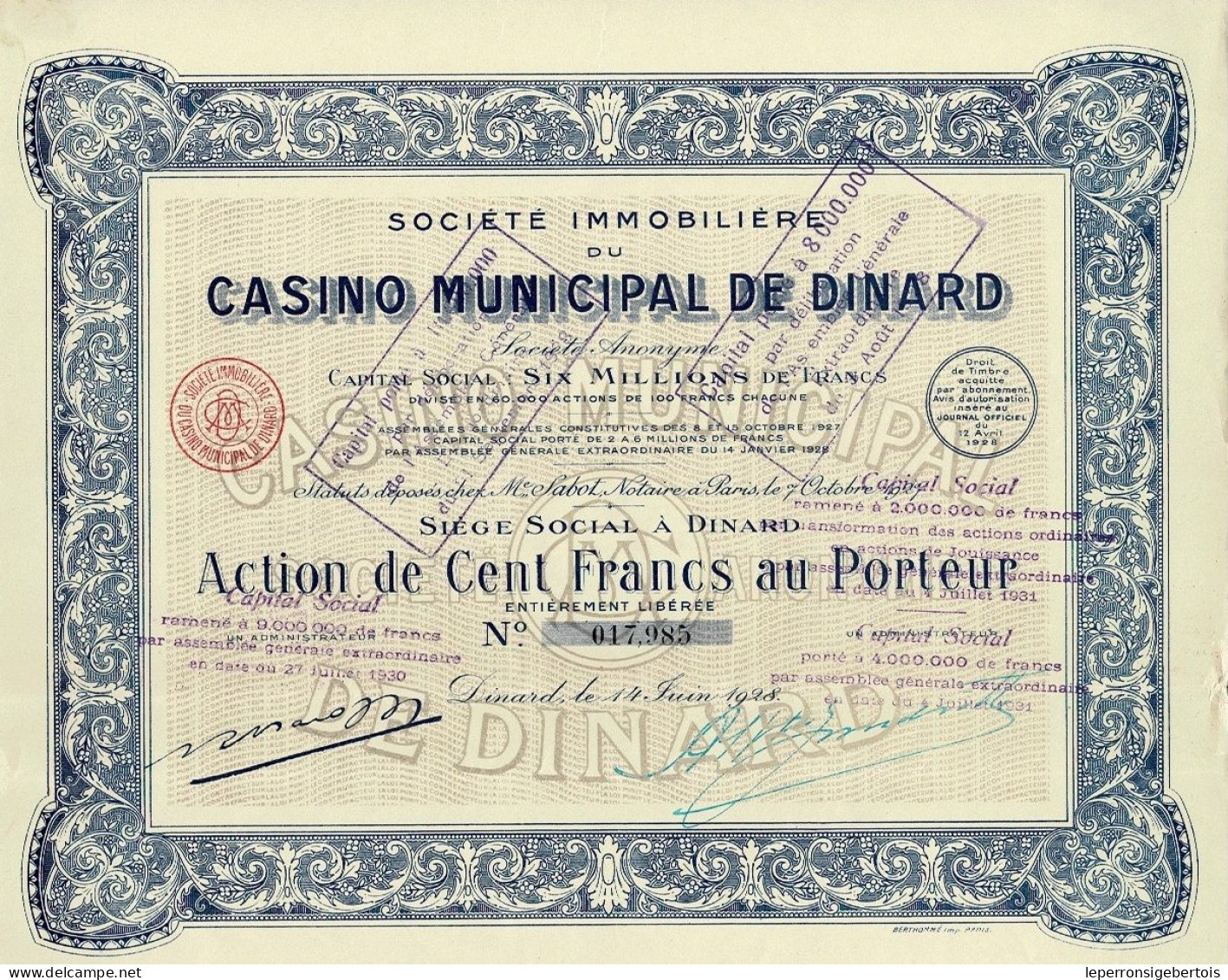 - Titre De 1928  - Société Immobilière Du Casino Municipal De Dinard - - Casinos