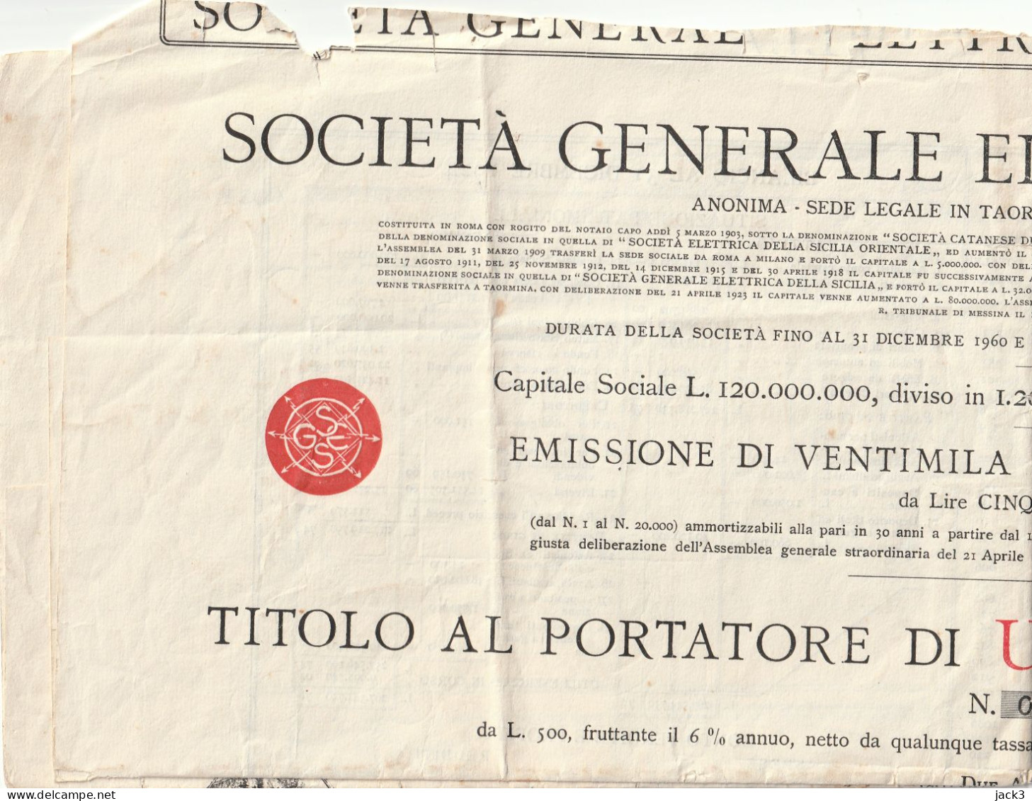 OBBLIGAZIONE - SOCIETA GENERALE ELETTRICA DELLA SICILIA - N.1 OBBLIGAZIONE DA £500 - Elettricità & Gas