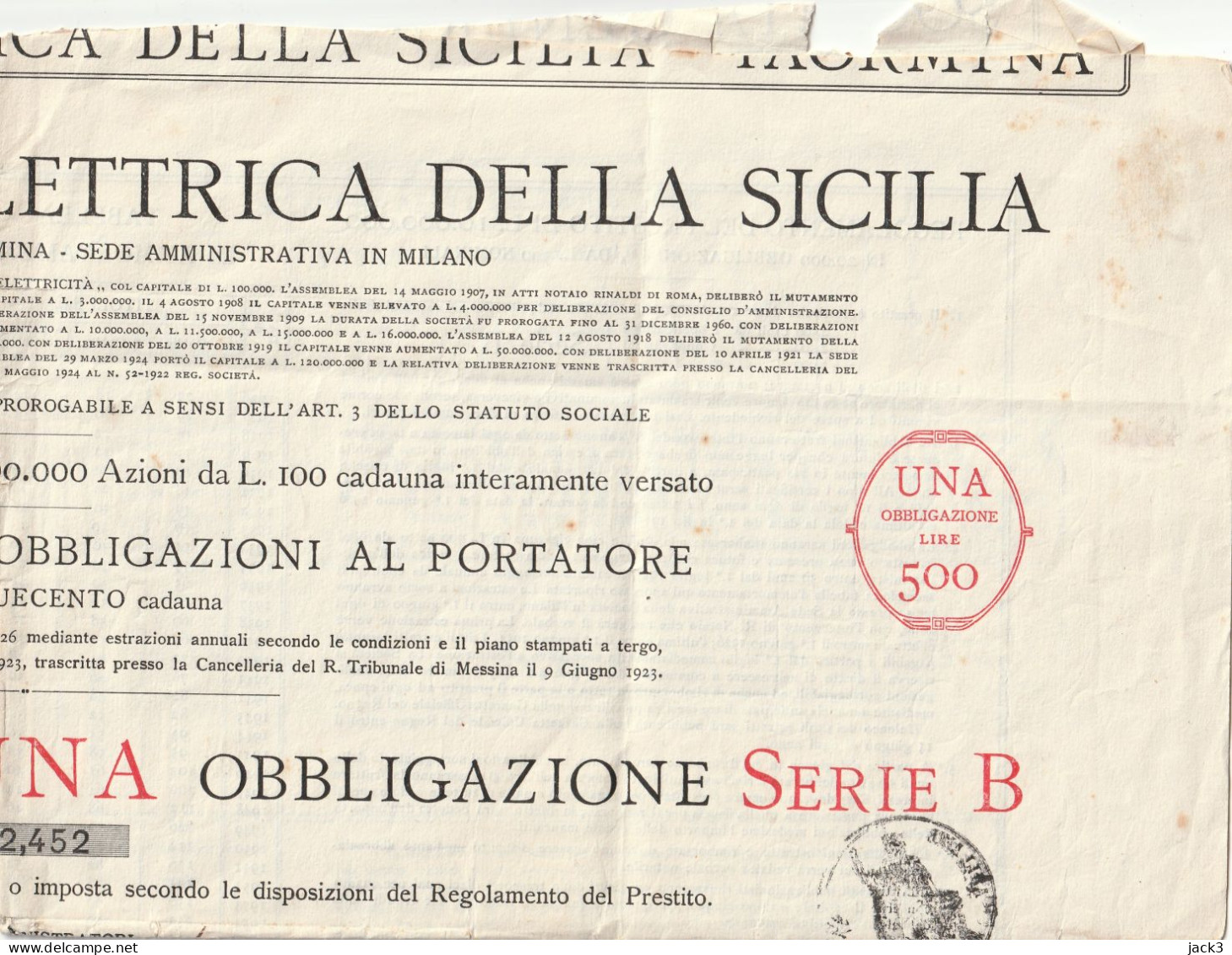 OBBLIGAZIONE - SOCIETA GENERALE ELETTRICA DELLA SICILIA - N.1 OBBLIGAZIONE DA £500 - Electricidad & Gas