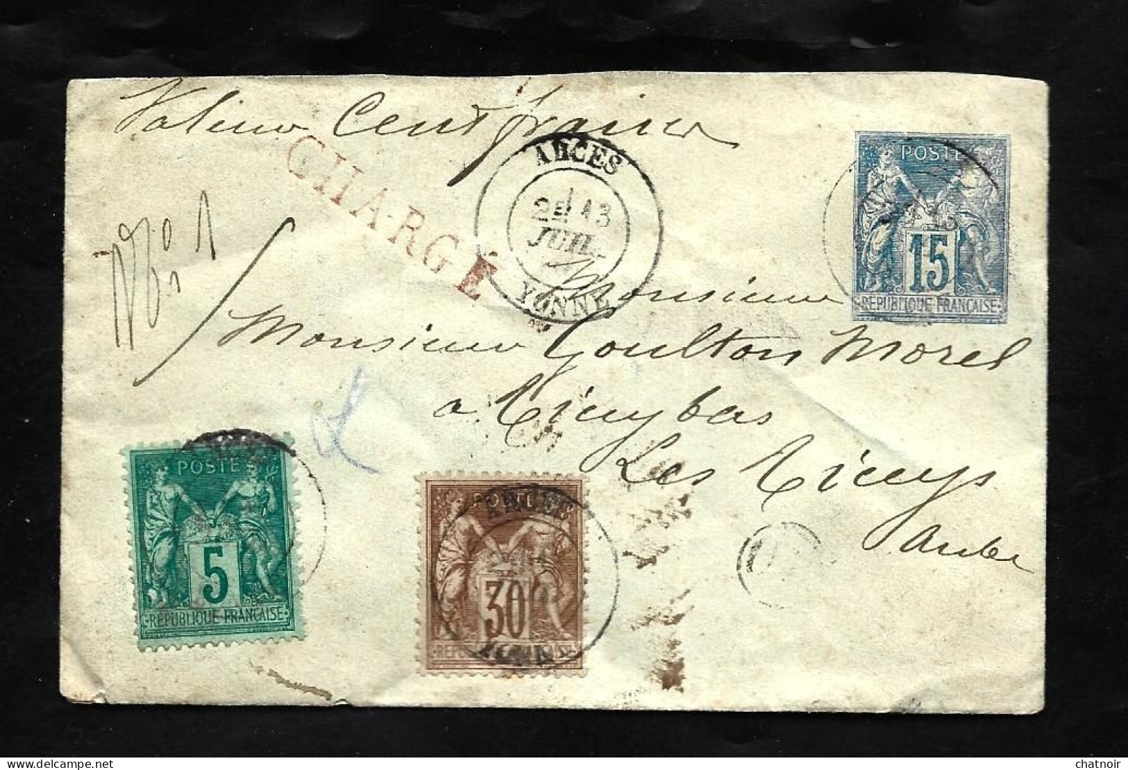 Entier Postal Type SAGE  Avec Complement  35 C  SAGE   Lettre Chargée Oblit ARCES    YONNE     Grille Chargement  1888 - Enveloppes Types Et TSC (avant 1995)