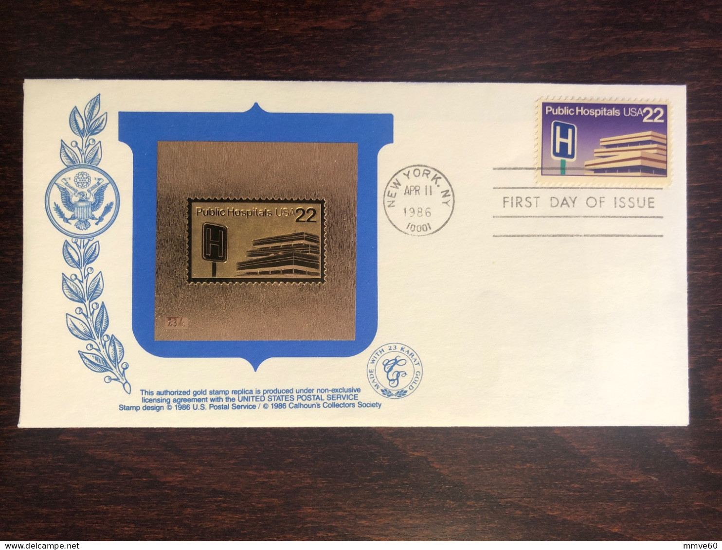 USA FDC 1986 YEAR PUBLIC HOSPITAL HEALTH MEDICINE GOLD FOIL - 1981-1990