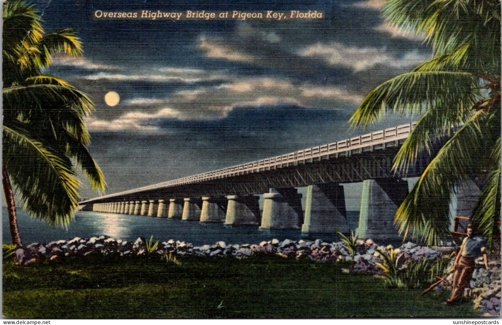 Florida Keys Pigeon Key Overseas Highway At Pigeon Key At Night 1953 Curteich - Key West & The Keys