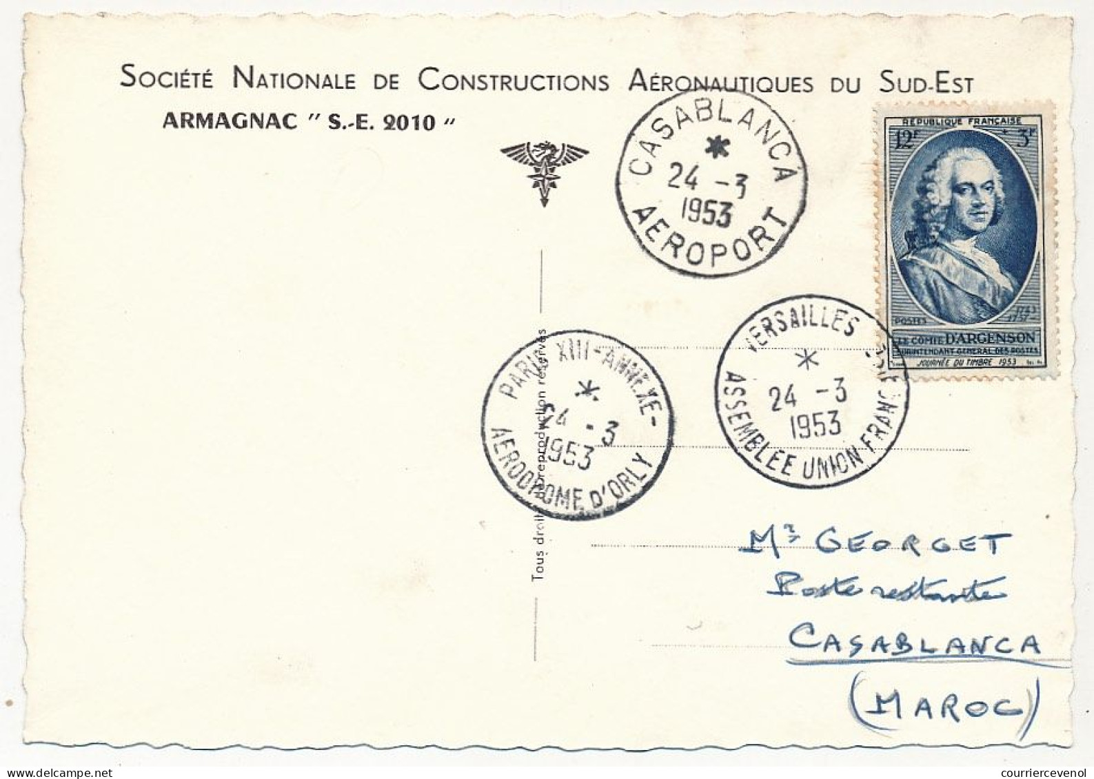 FRANCE - CPM "ARMAGNAC S-E 2010" - Société Nationale De Constructions Aéronautique + Cachet Versailles Assemblée Union F - Temporary Postmarks