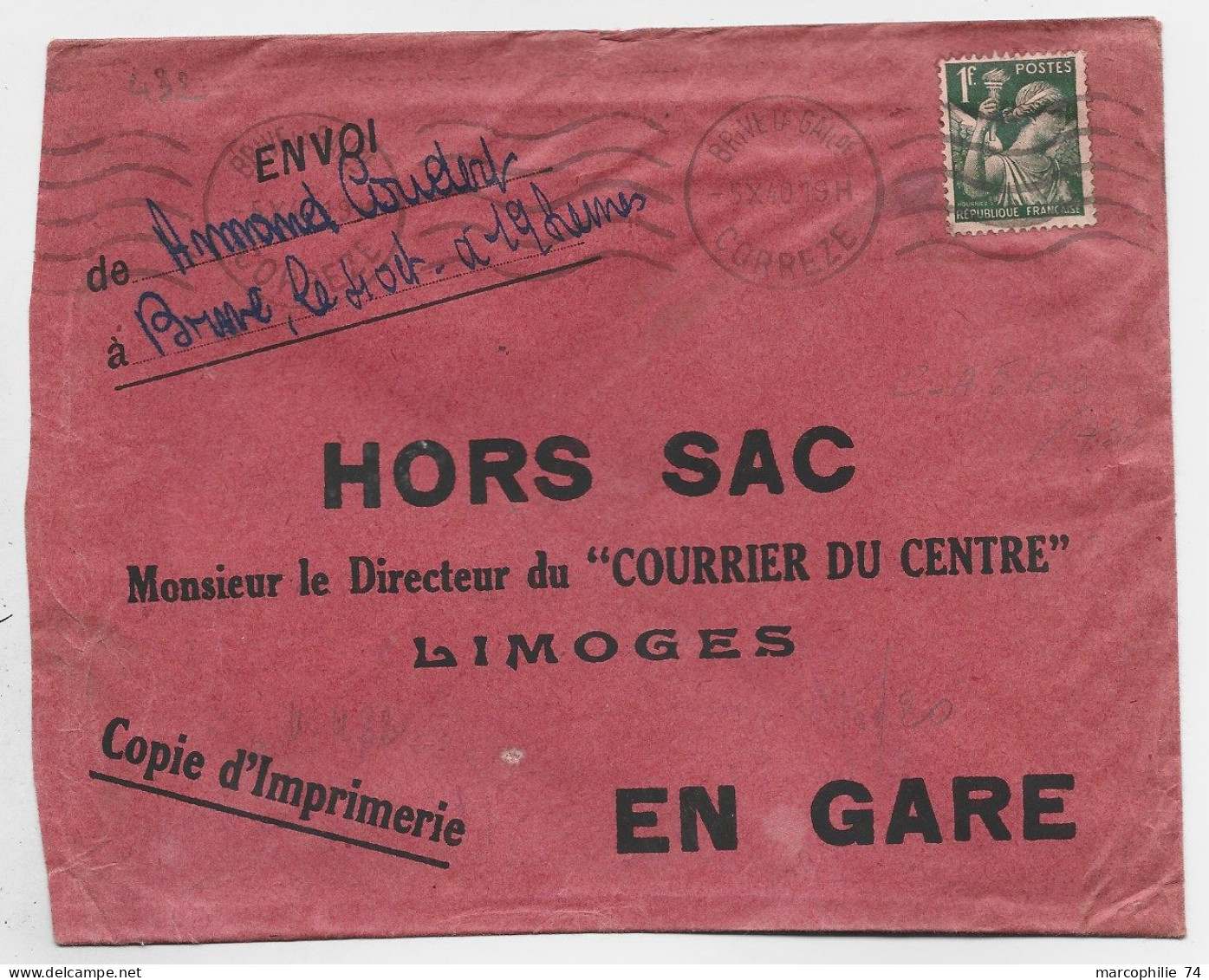 FRANCE IRIS 1FR VERT  SEUL HORS SAC ENVELOPPE MEC BRIVE CORREZE 5.X .1940 POUR LIMOGES - 1939-44 Iris