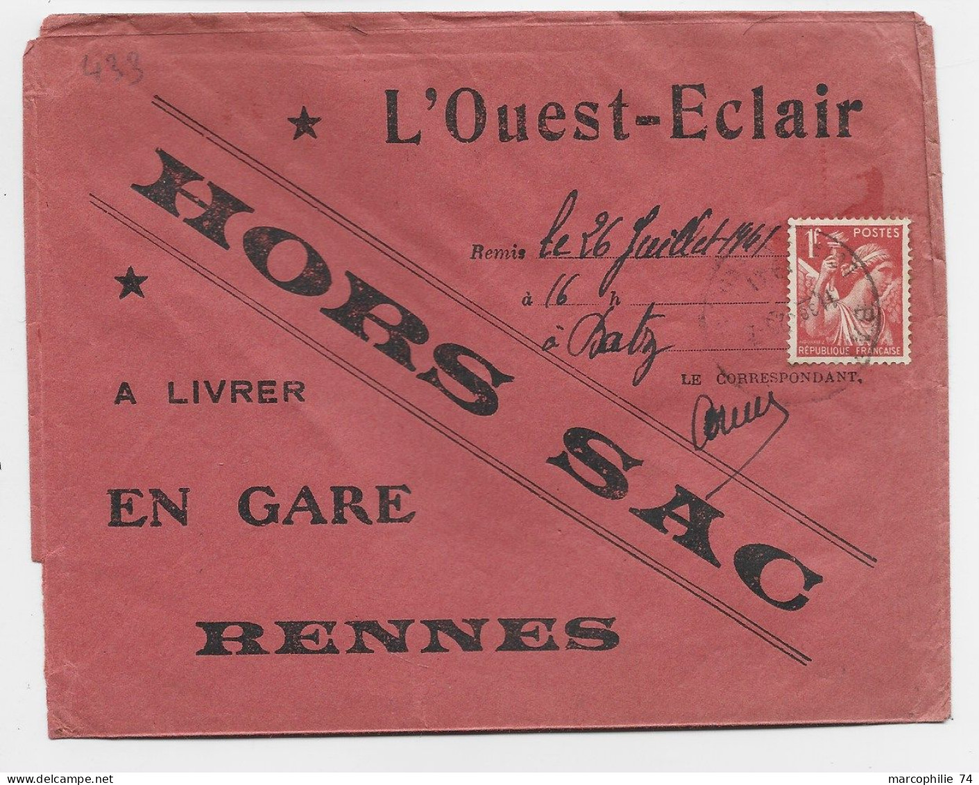 FRANCE IRIS 1FR ROUGE   SEUL HORS SAC ENVELOPPE BATZ 1941  POUR RENNES GARE - 1939-44 Iris