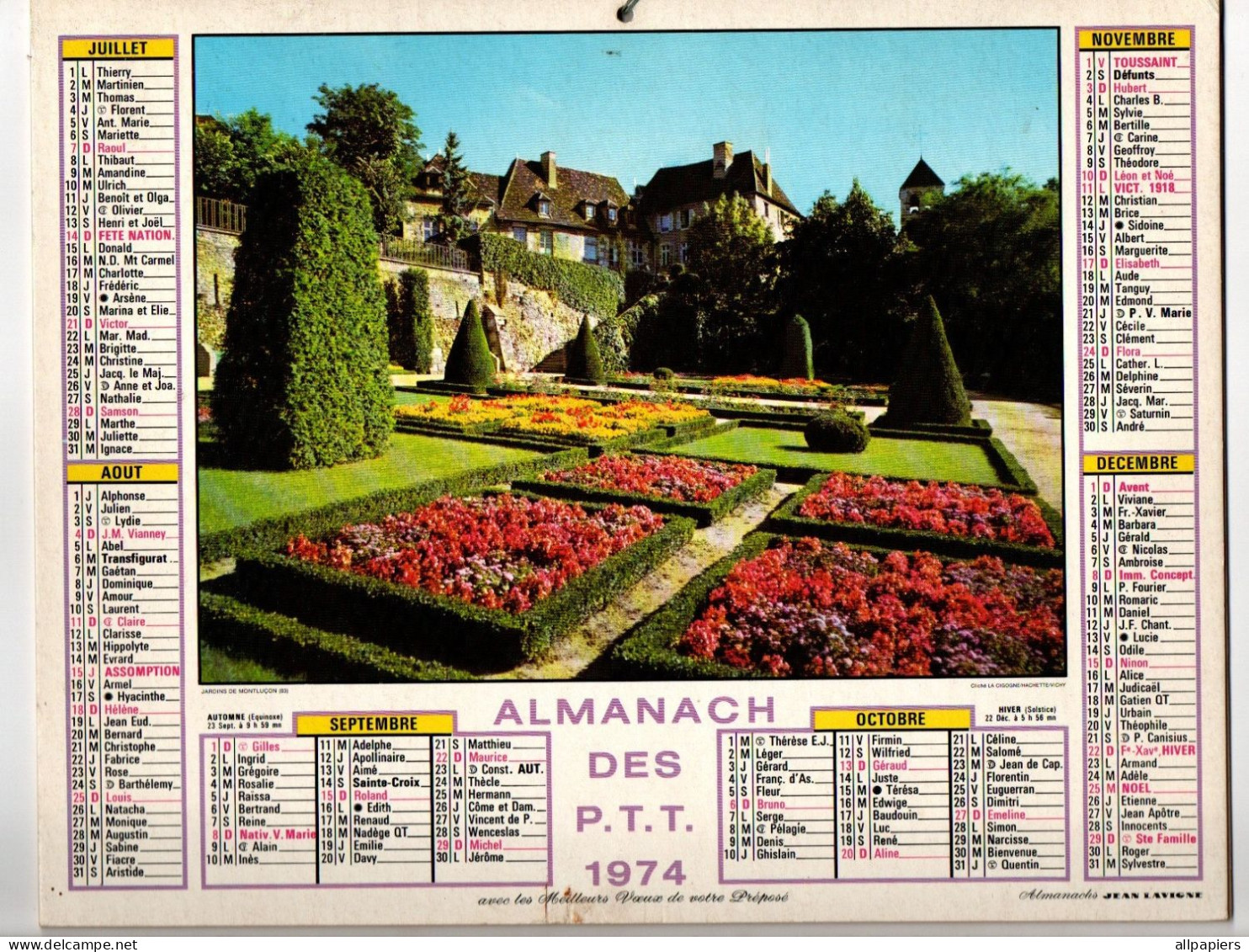 Almanach Des P.T.T. 1974 Jardins De Montluçon Et Lac D'Annecy à Talloires - Complet Région Nord - Grand Format : 1971-80