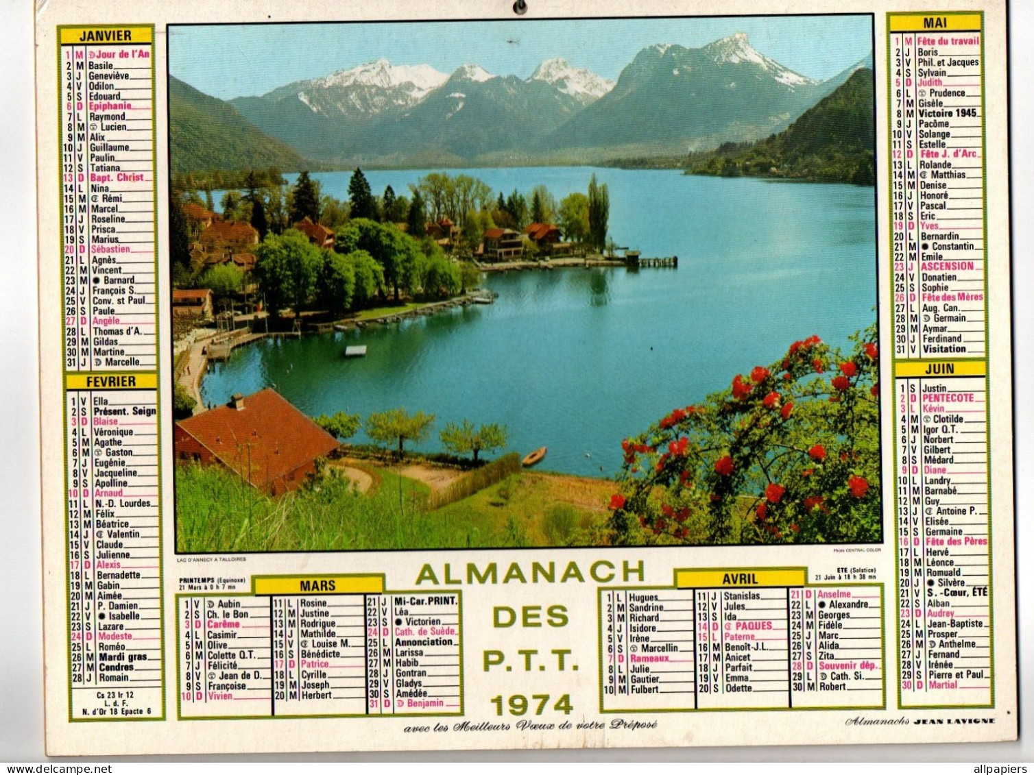 Almanach Des P.T.T. 1974 Jardins De Montluçon Et Lac D'Annecy à Talloires - Complet Région Nord - Formato Grande : 1971-80