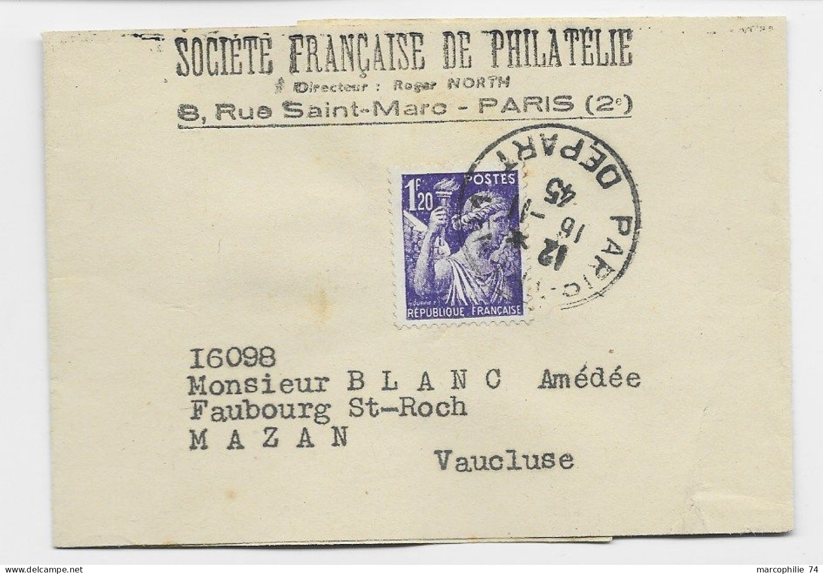 FRANCE IRIS 1FR20 VIOLET SEUL PETITE BANDE COMPLETE  PARIS 16.4.1945 TARIF 2EME - 1939-44 Iris