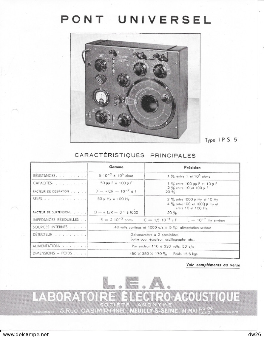 Catalogue L.E.A. Laboratoire Electro-Acoustique Neuilly - Matériel électronique (Voltmètre, Sonomètre, Générateur...) - Autres Composants