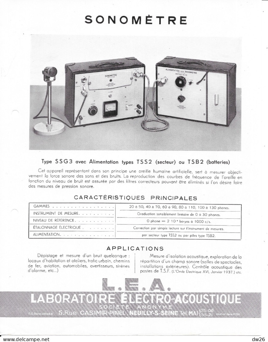 Catalogue L.E.A. Laboratoire Electro-Acoustique Neuilly - Matériel électronique (Voltmètre, Sonomètre, Générateur...)