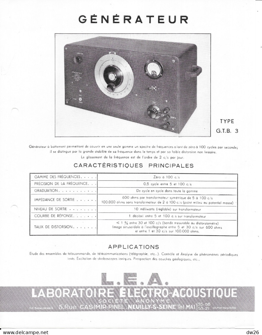 Catalogue L.E.A. Laboratoire Electro-Acoustique Neuilly - Matériel électronique (Voltmètre, Sonomètre, Générateur...)