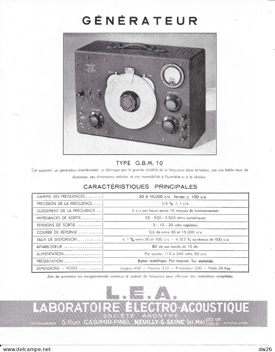 Catalogue L.E.A. Laboratoire Electro-Acoustique Neuilly - Matériel électronique (Voltmètre, Sonomètre, Générateur...)