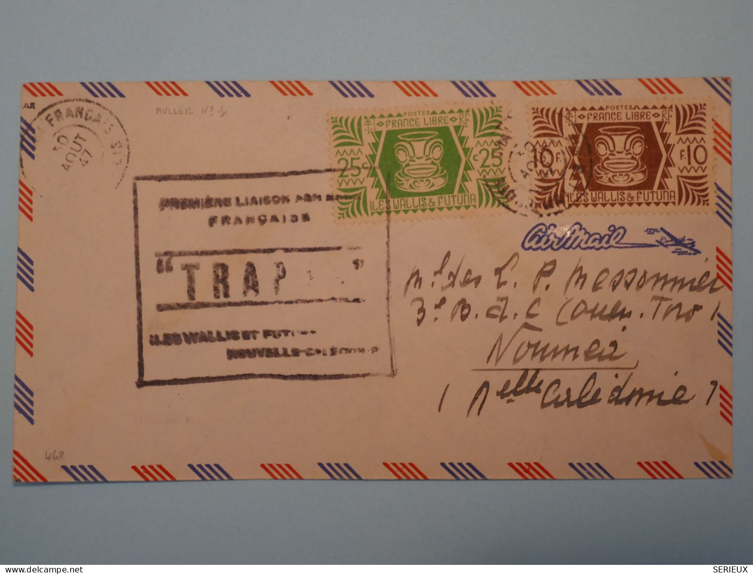 BT18 WALLIS FUTUNA  BELLE LETTRE  RARE 1947 1ER VOL TRAPAS A NOUMEA CALEDONIE +AFFR  PLAISANT++ - Briefe U. Dokumente