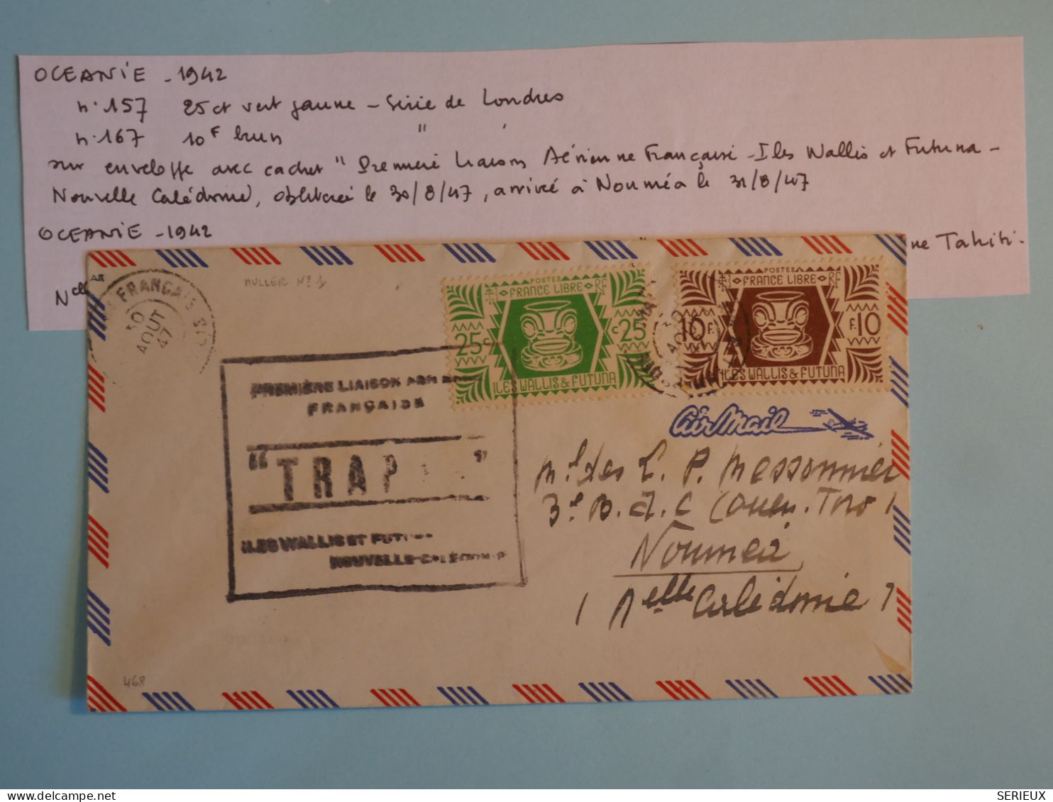 BT18 WALLIS FUTUNA  BELLE LETTRE  RARE 1947 1ER VOL TRAPAS A NOUMEA CALEDONIE +AFFR  PLAISANT++ - Lettres & Documents
