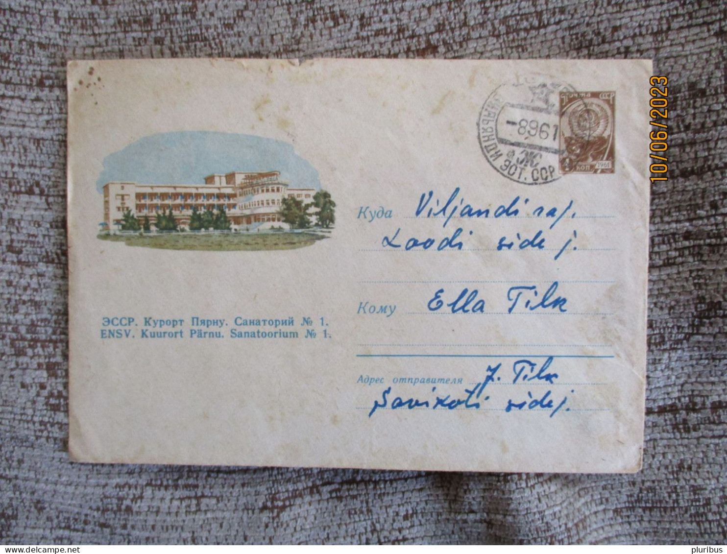 USSR RUSSIA ESTONIA PÄRNU SANATORIUM POSTAL STATIONERY COVER ,  VILJANDI 1961, 11-13 - Covers & Documents