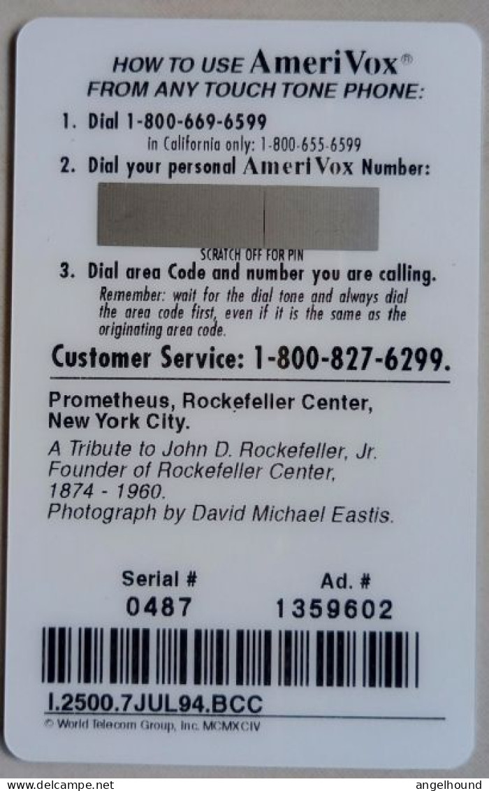 USA Amerivox  MINT $5 Prepaid " Gold Statue Of Prometheus  At Rockefeller Centre NY " - Amerivox