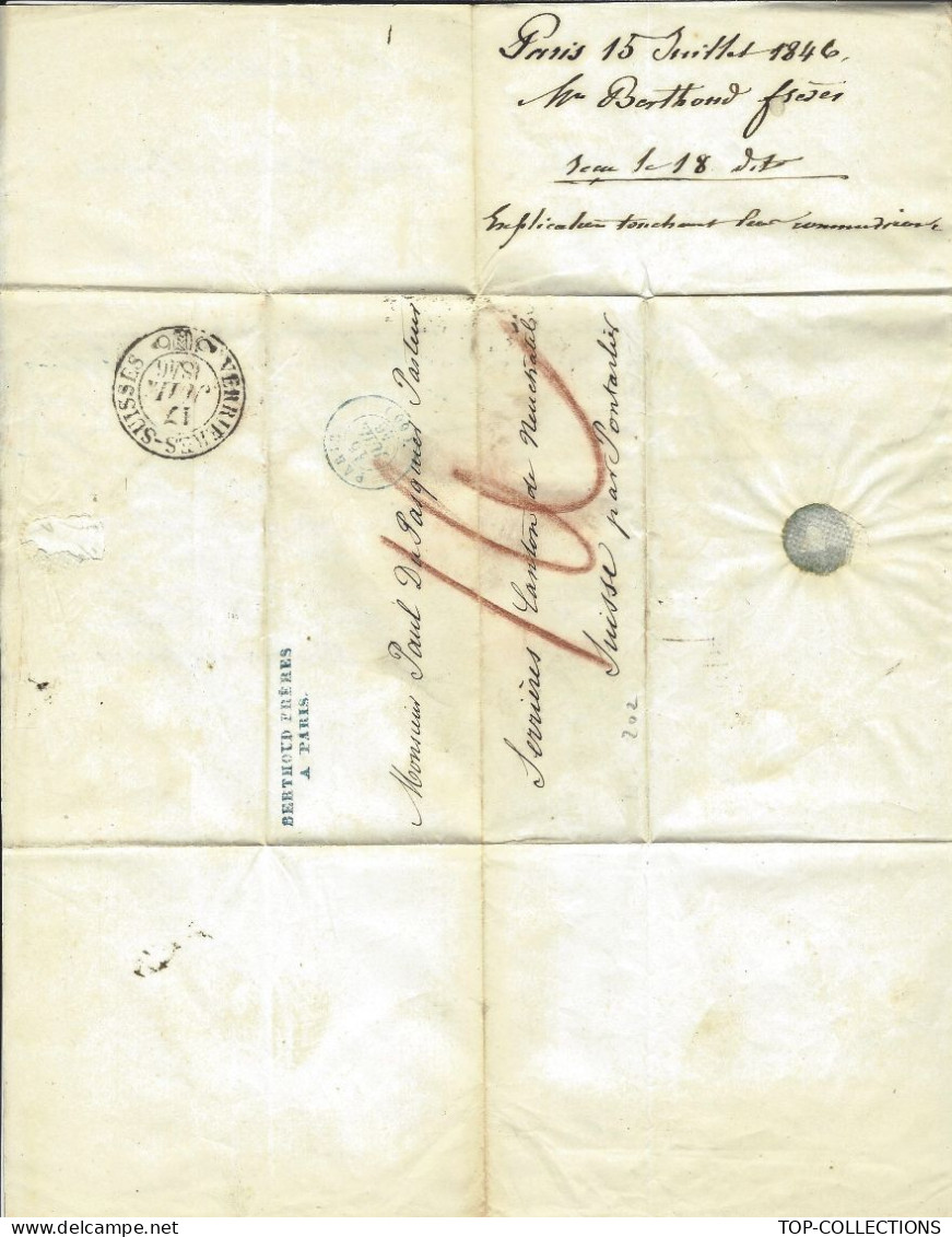 1846 PROTESTANTISME BANQUE PASTEUR PLACEMENTS Paris Banque Berthoud Frères Pour Verrières Suisse - Documents Historiques