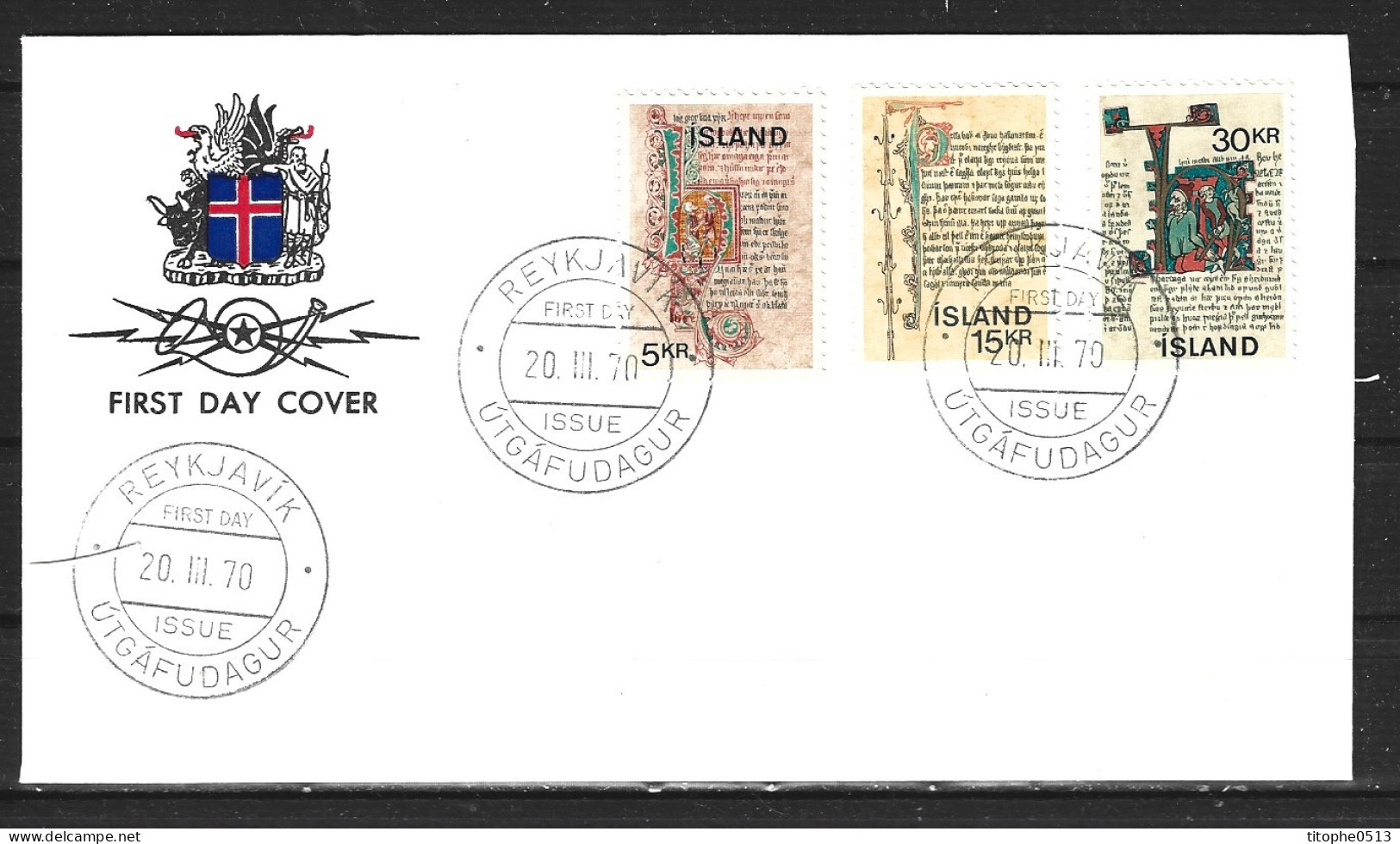 ISLANDE. N°392-4 De 1970 Sur Enveloppe 1er Jour (FDC). Manuscrits. - FDC