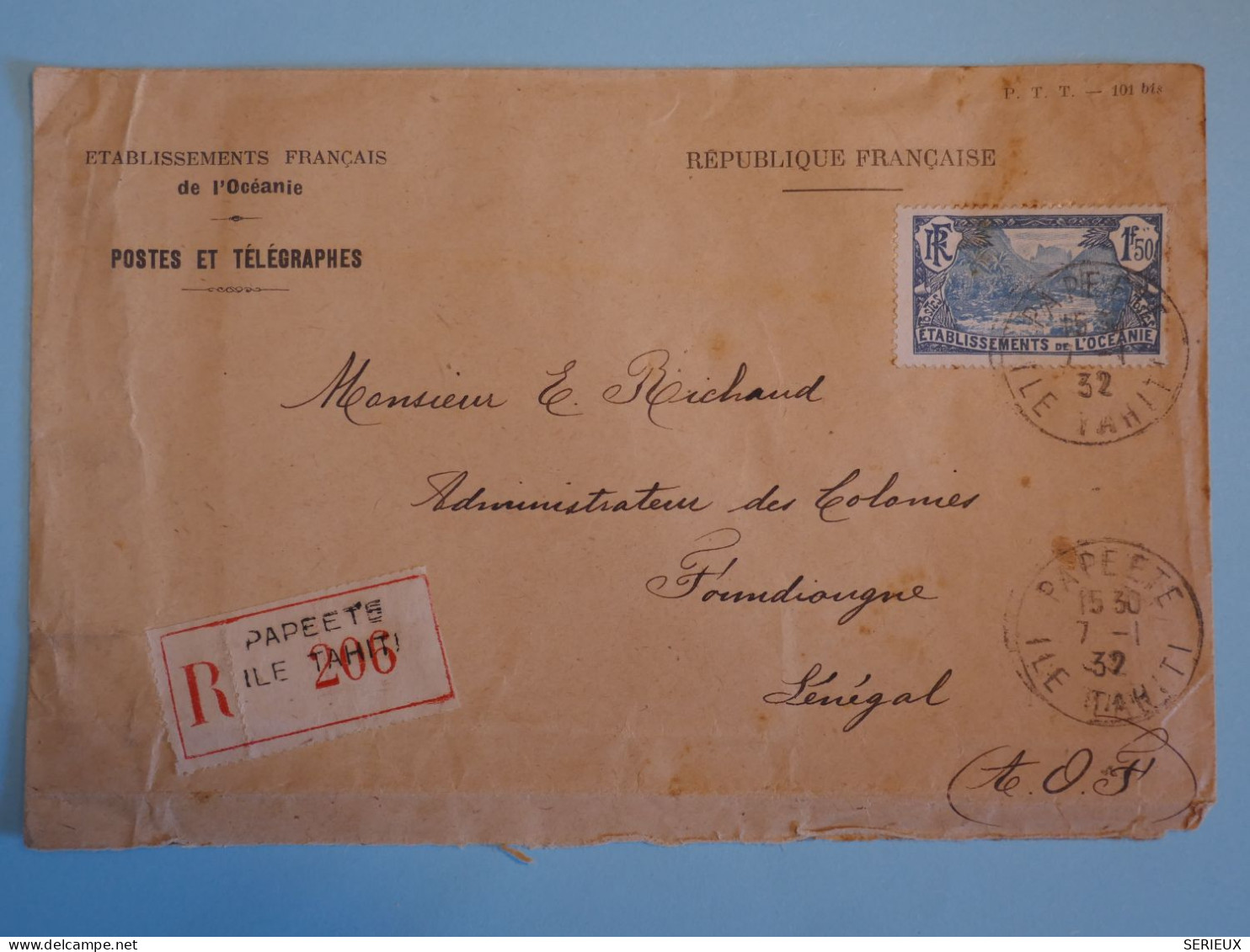 BT18 OCEANIE BELLE LETTRE RECO.RARE 1932  PAPEETE TAHITI A FOUNDIOUNE SENEGAL  +N°75 +AFFR  INTERESSANT++ - Lettres & Documents