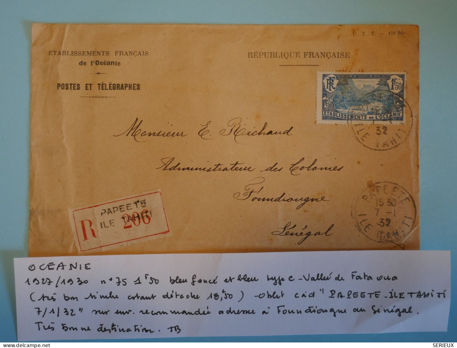 BT18 OCEANIE BELLE LETTRE RECO.RARE 1932  PAPEETE TAHITI A FOUNDIOUNE SENEGAL  +N°75 +AFFR  INTERESSANT++ - Cartas & Documentos