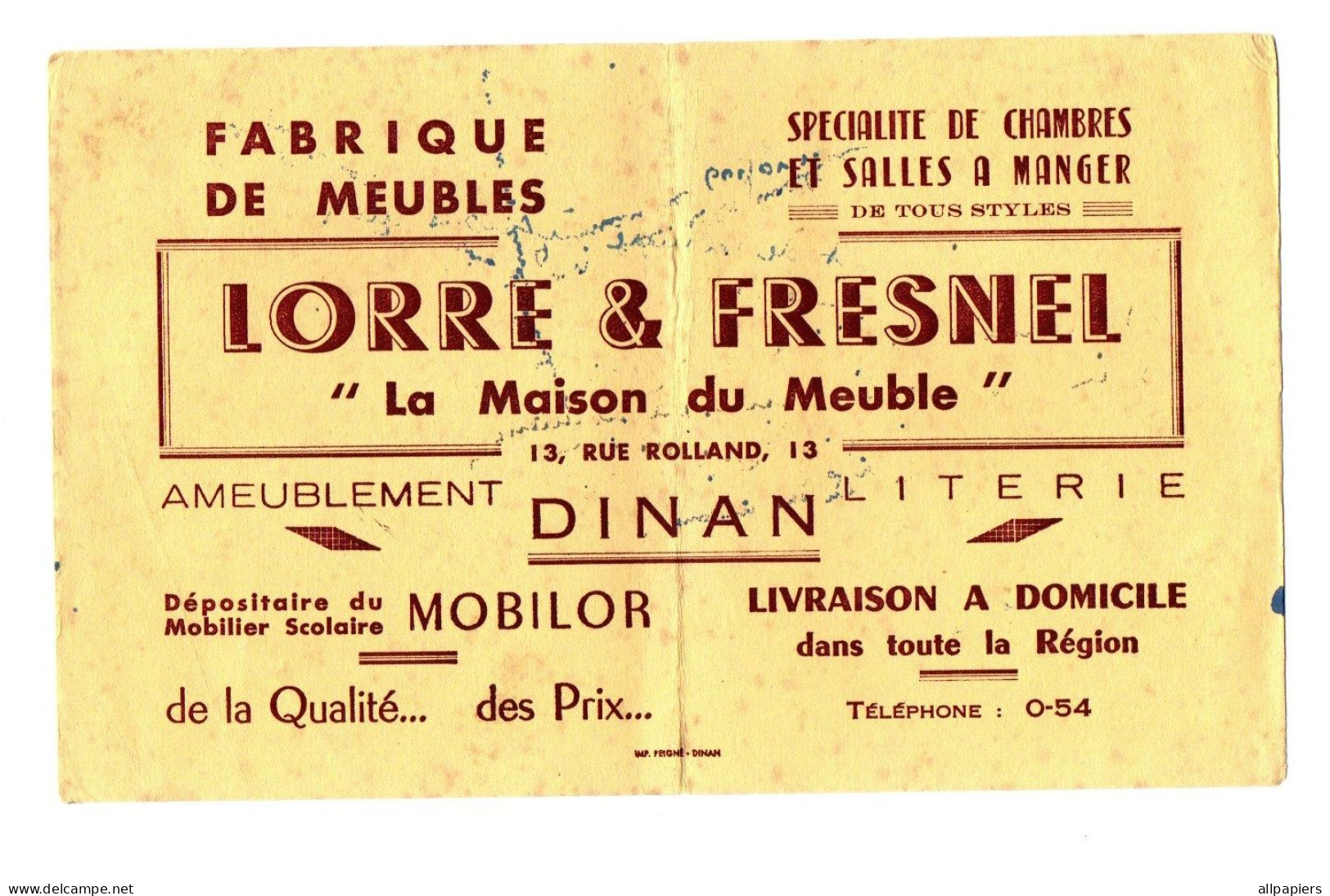 Buvard Fabrique De Meubles Lorre & Fresnel "la Maison Du Meuble" Dinan - Format : 22.5x14 cm - M