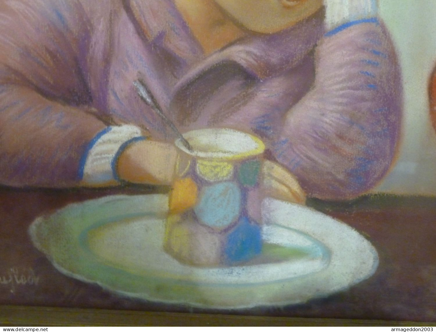 SUPERBE DESSIN PASTEL DEBUT 1900 SIGNE LEON TRUFLED " REPAS DE BEBE " ENCADRE TB