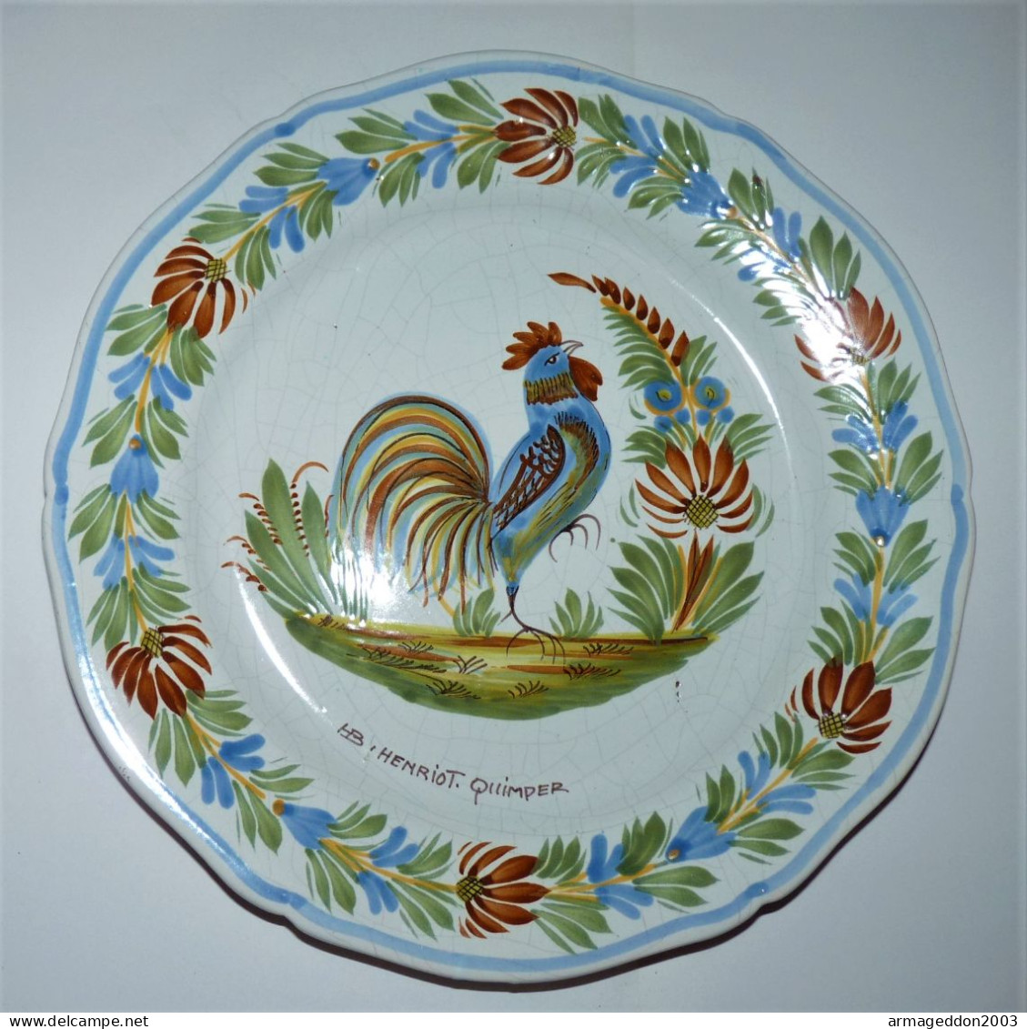 ANCIENNE ASSIETTE DECORATIVE SIGNE HB QUIMPER HENRIOT COQ TBE 25.5 CM - Quimper/Henriot (FRA)