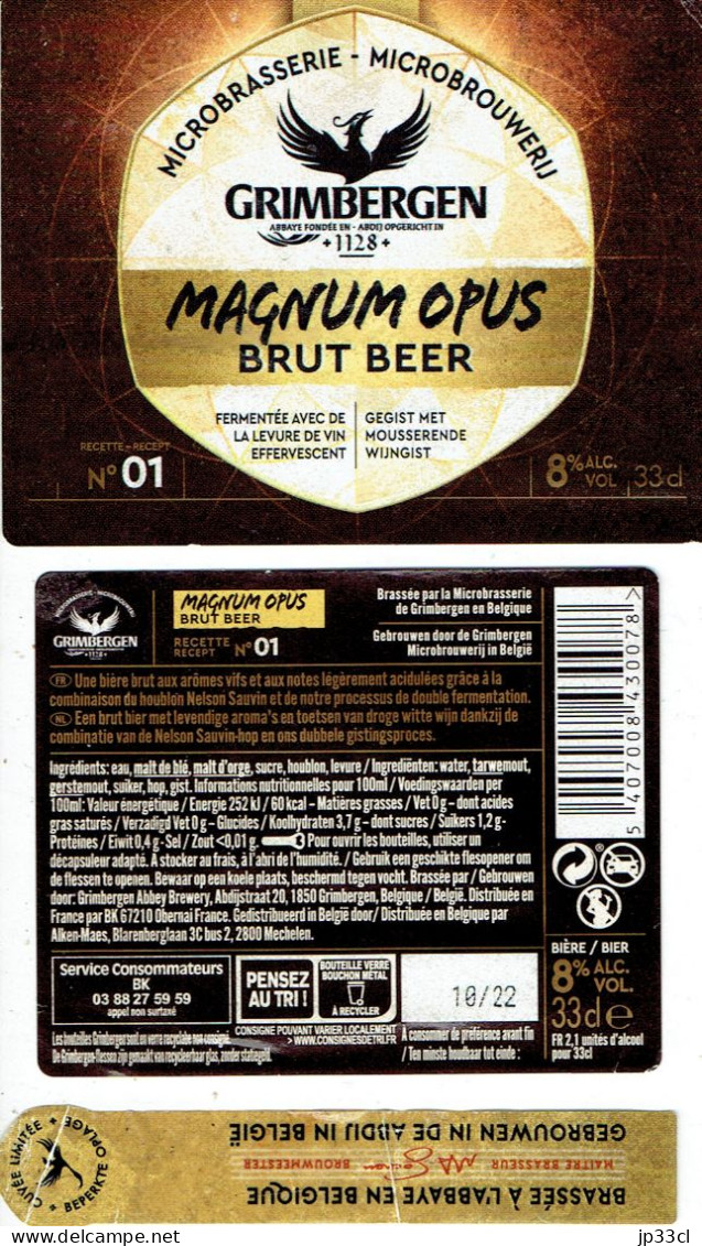 3 étiquettes De La Bière Microbrasserie Microbrouwerij Grimbergen Magnum Opus Brut Beer Recette N° 01 (8% Alc., 33cl) - Birra