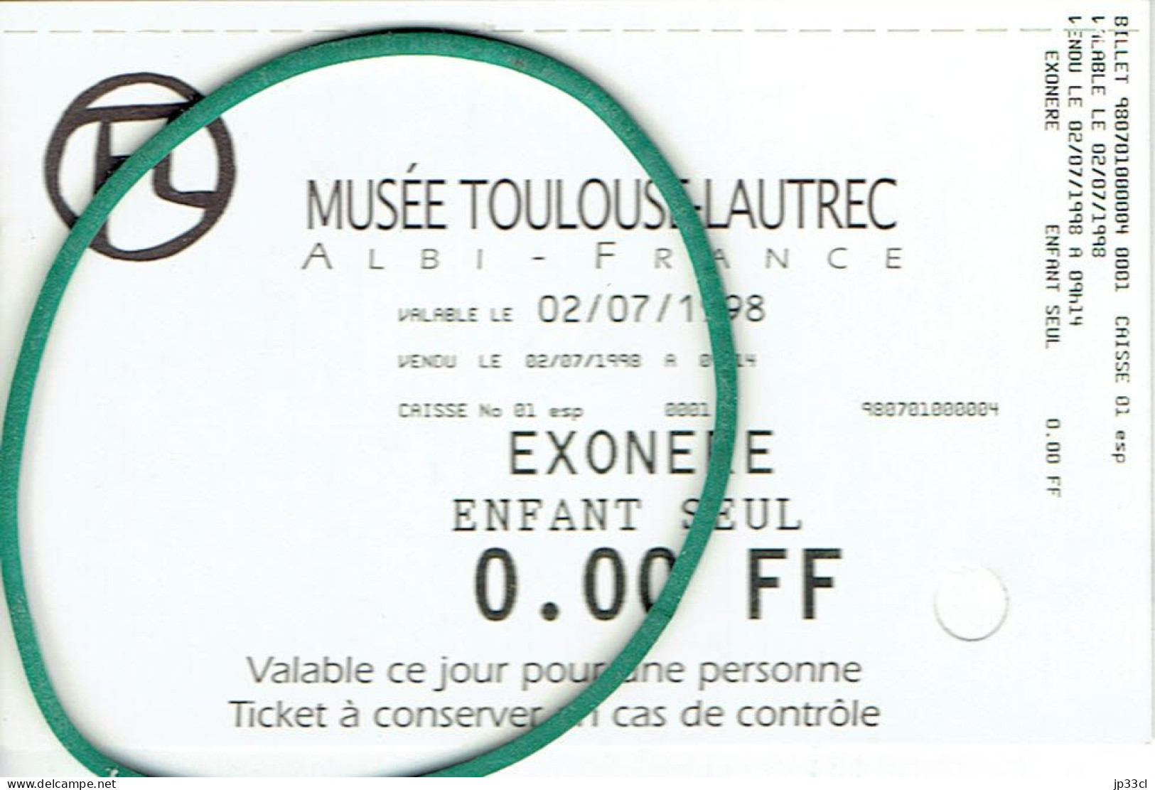 Ticket D'entrée "Exonéré - Enfant Seul" Musée Toulouse-Lautrec (Albi) 02/07/1998 - Eintrittskarten