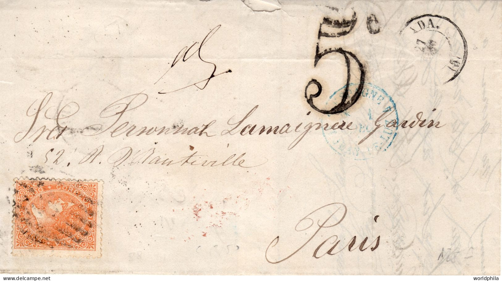 Spain Madrid To Paris France 1868 Postage Due, Folded Old Time, Cover Including A Train? Blue PM. - Storia Postale