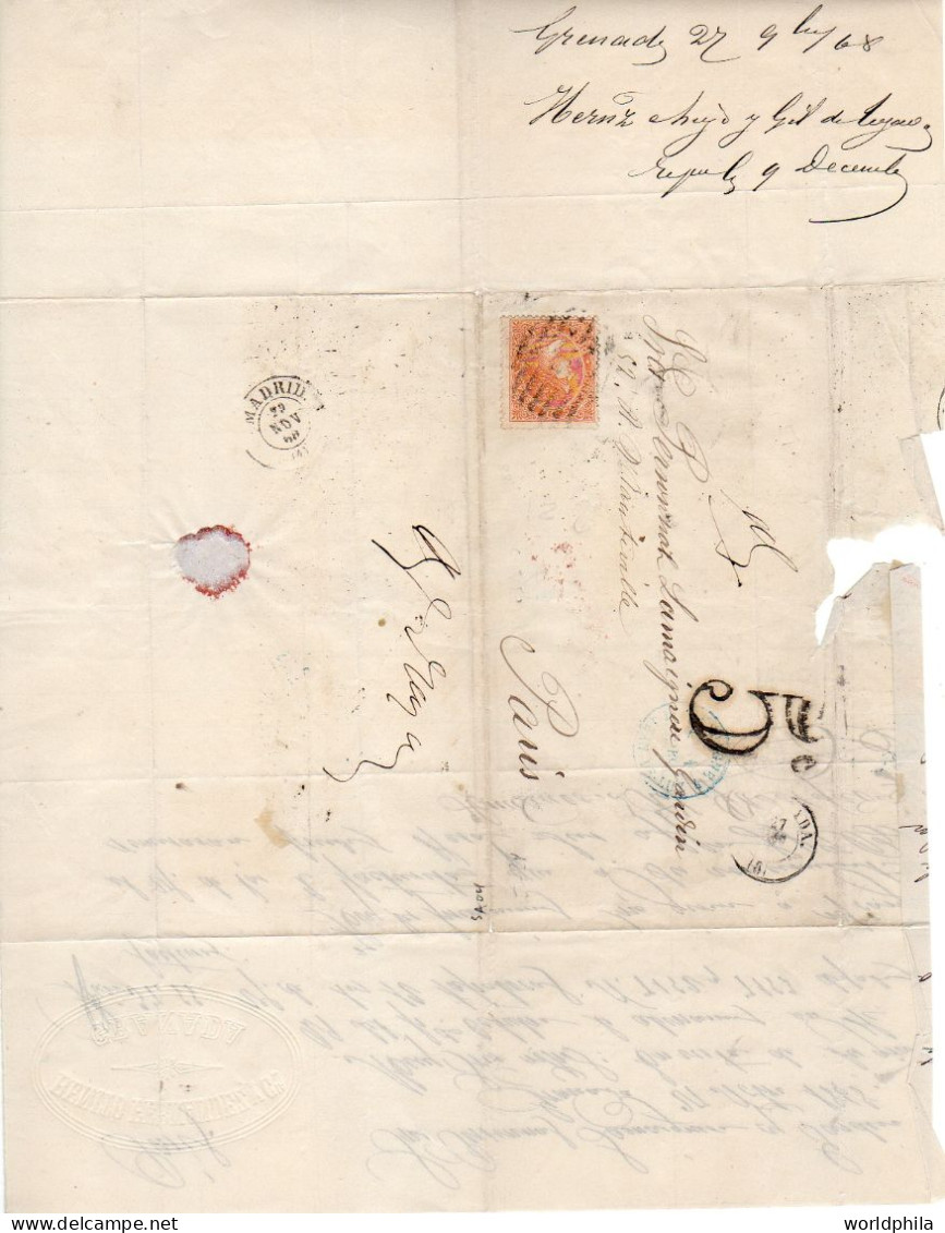 Spain Madrid To Paris France 1868 Postage Due, Folded Old Time, Cover Including A Train? Blue PM. - Lettres & Documents