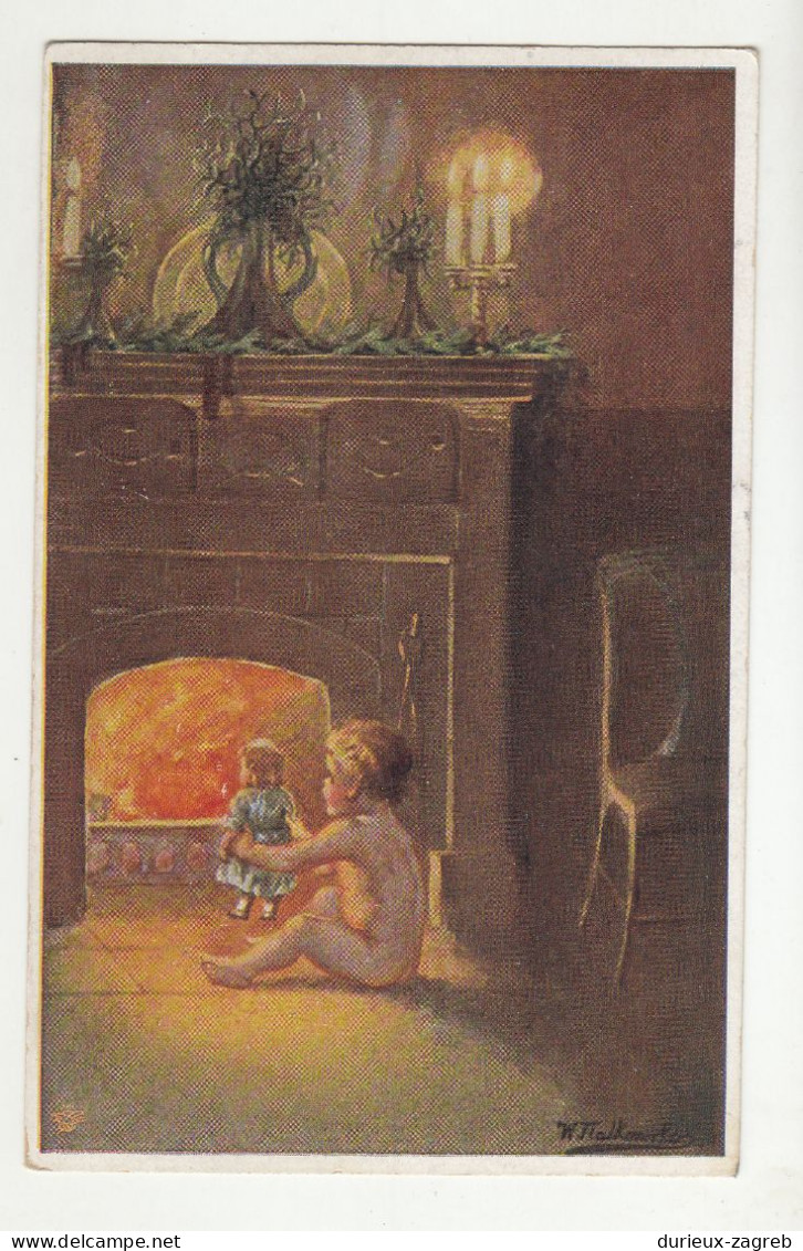 Wally Fialkowska: Am Kamin (a Child With A Doll In Front Of The Fireplace) Old Postcard Posted 1924 Graz B230610 - Fialkowska, Wally