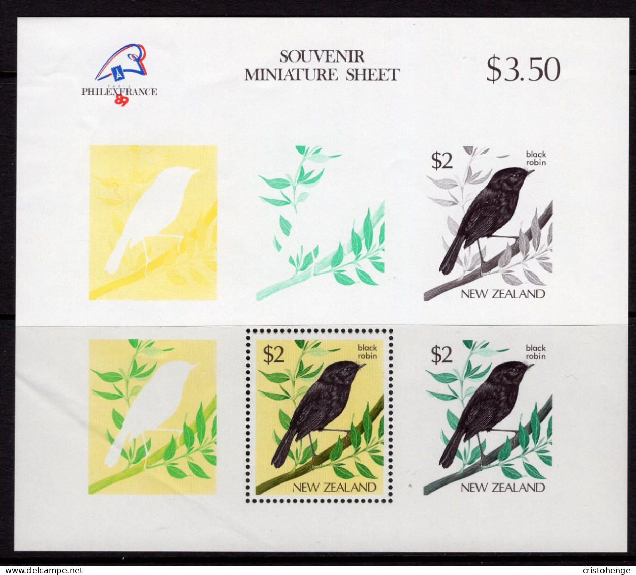 New Zealand 1989 PhilexFrance '89 - $2 Black Robin MS MNH (SG Unlisted) - Light Bend - Neufs