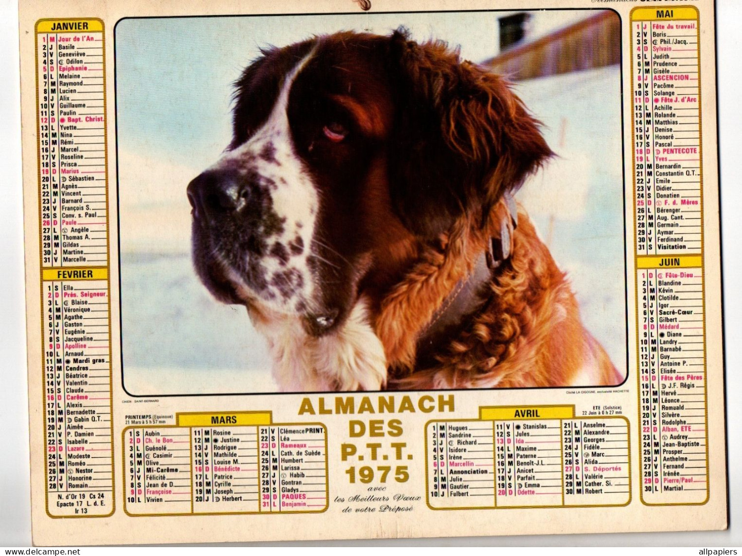 Almanach Des P.T.T. 1975 Avec Un Saint-Bernard - Complet Région Nord - Grand Format : 1971-80