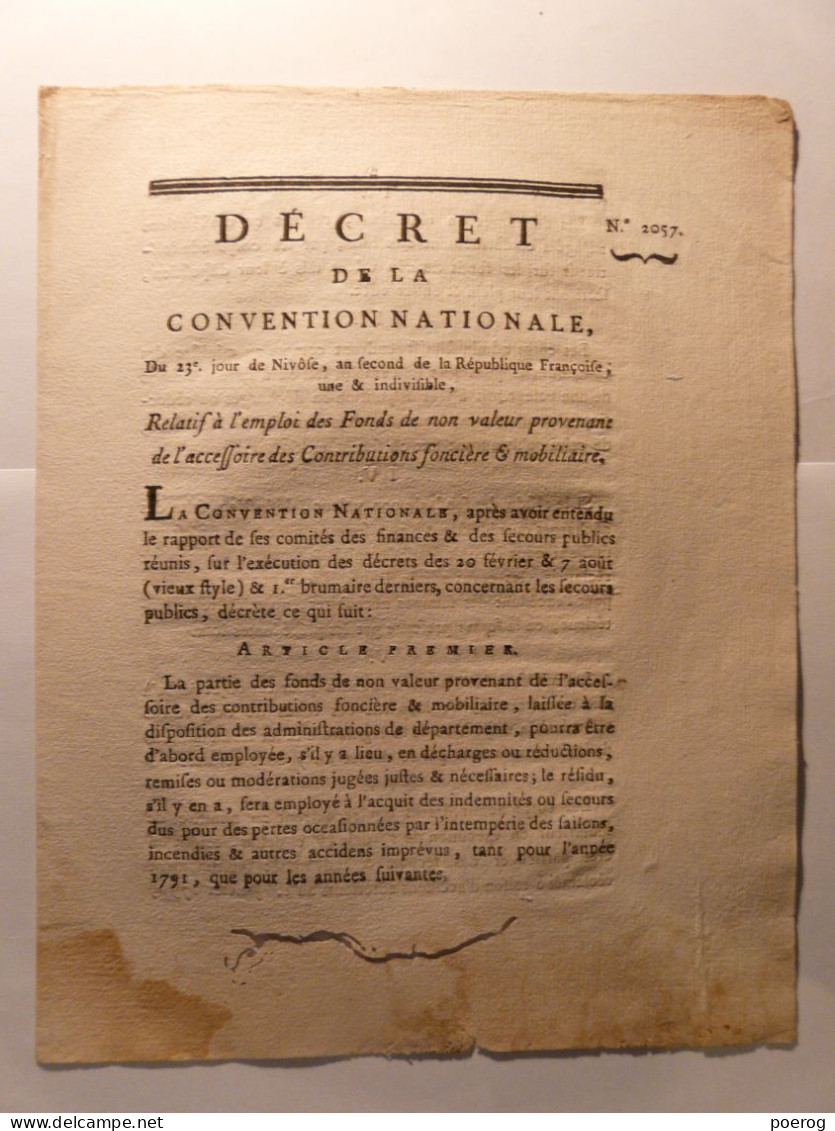 DECRET CONVENTION NATIONALE Du 23 NIVOSE AN II (12 JANVIER 1794) - EMPLOI FONDS SANS VALEUR CONTRIBUTIONS FONCIERES - Decretos & Leyes
