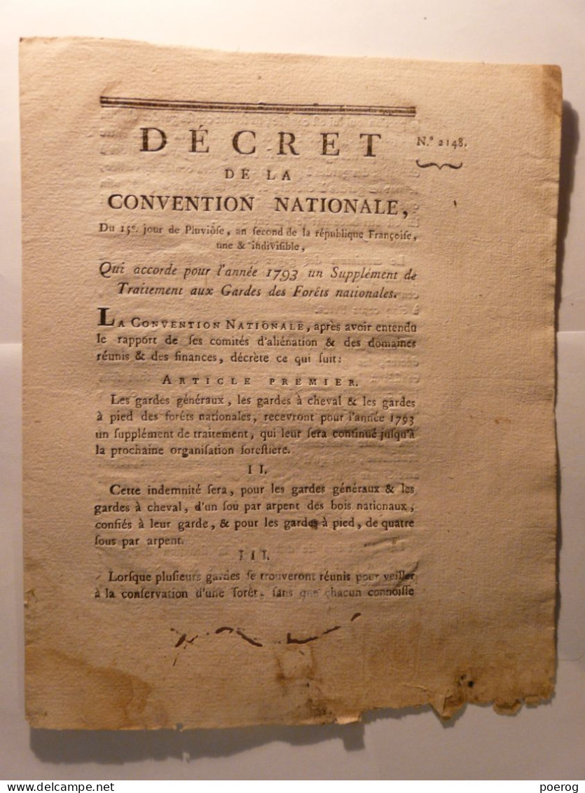 DECRET CONVENTION NATIONALE Du 15 PLUVIOSE AN II (3 FEVRIER 1794) - TRAITEMENTS SALAIRES GARDES DES FORETS NATIONALES - Décrets & Lois