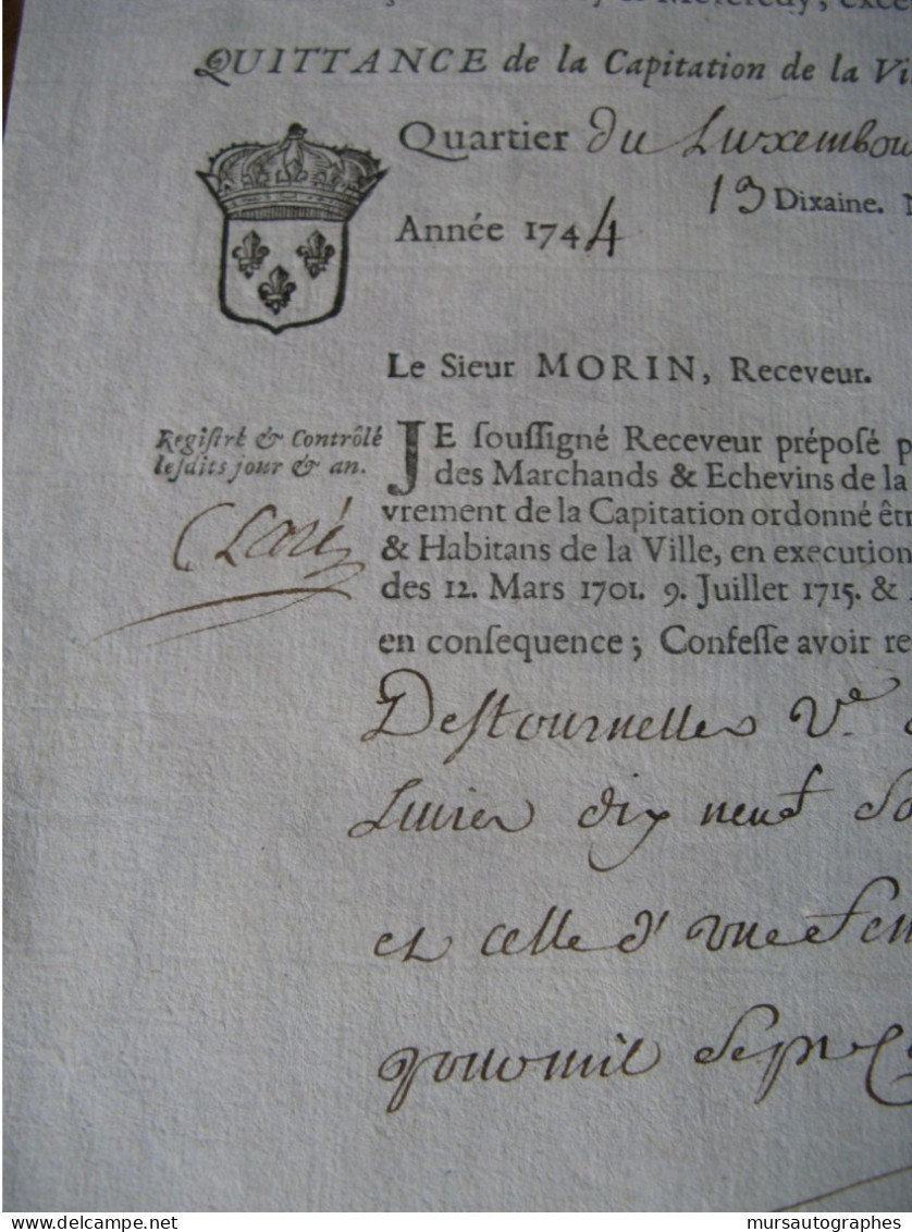 RARE QUITTANCE CAPITATION PARIS QUARTIER LUXEMBOURG 1744 FEMME DE CHAMBRE MME DESTOURNELLES - ... - 1799