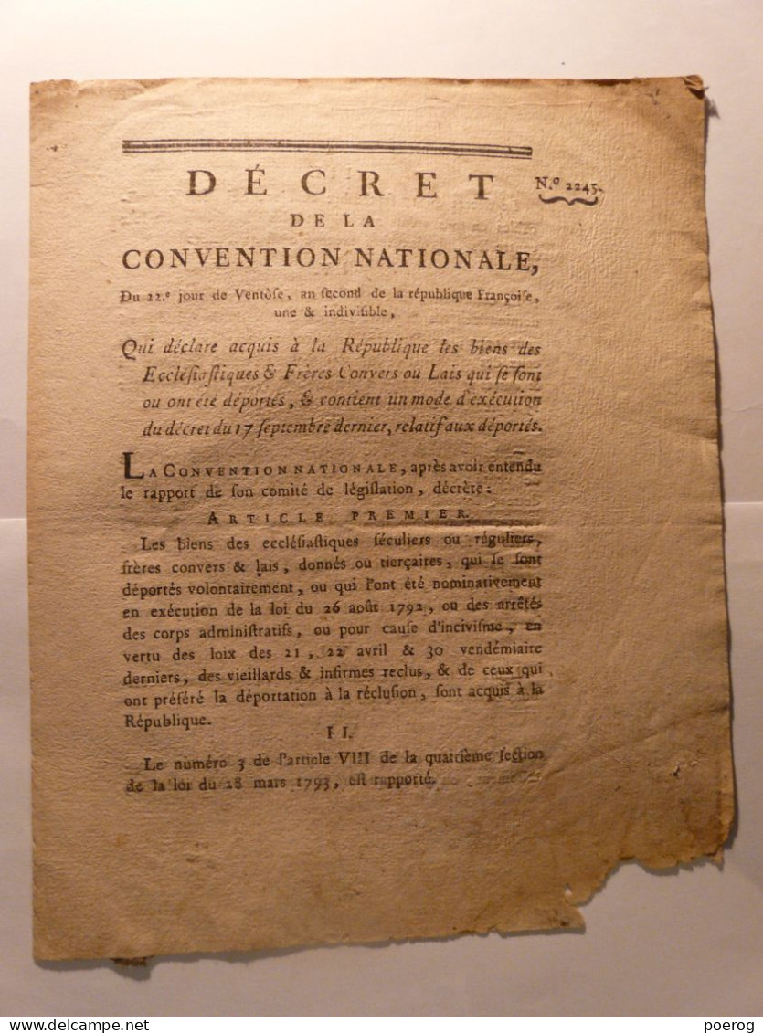 DECRET CONVENTION NATIONALE Du 12 MARS 1794 - ECCLESIASTIQUES FRERES LAIS CONVERS DEPORTES RELIGIEUX VENDEE CHOUANS - Décrets & Lois